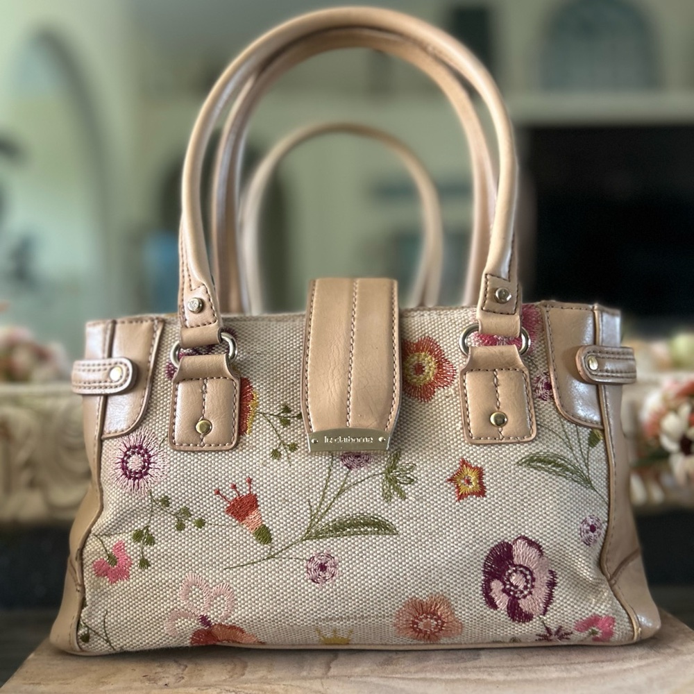 Liz Claiborne Cute Floral & Beige Trim Handbag Purse Satchel - Picture 2 of 15